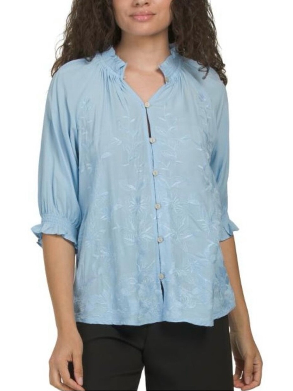 Democracy Light Blue Embroidered Button-Front Blouse